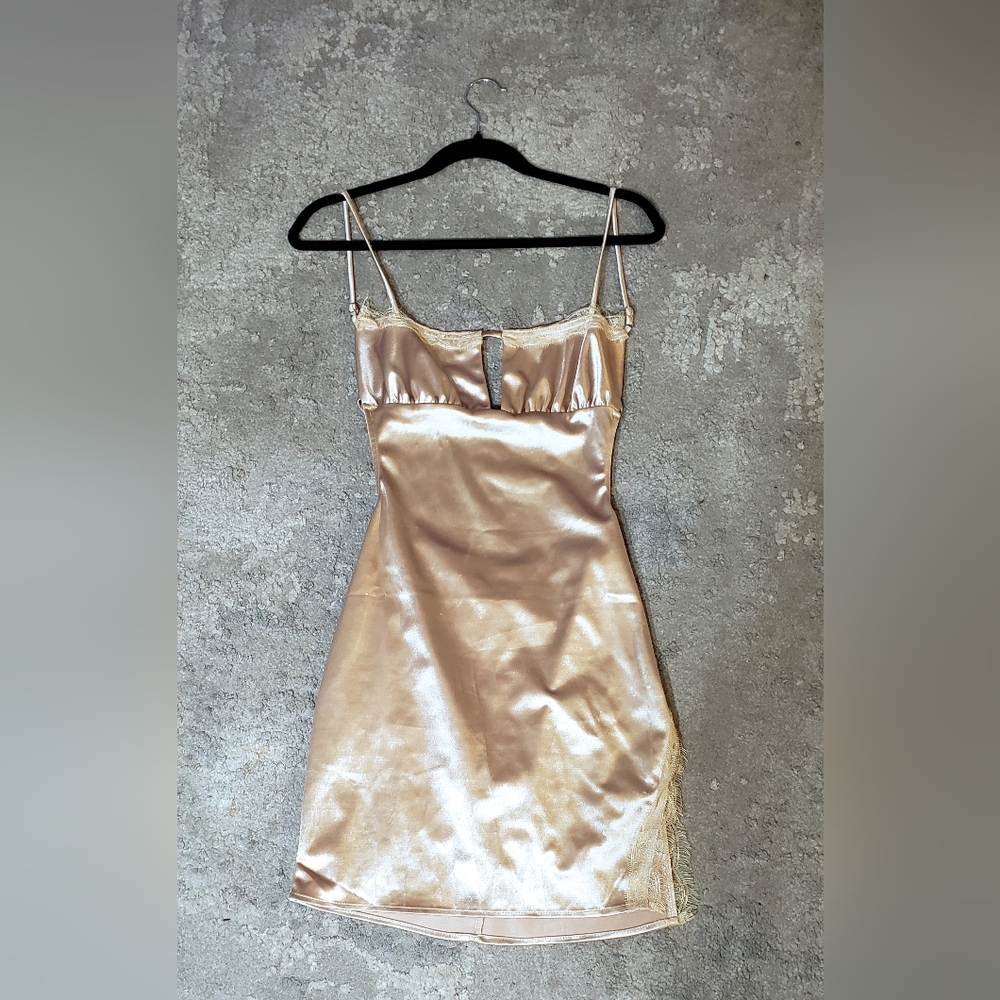 Satin Slip Dress with Lace Trim in Champagne